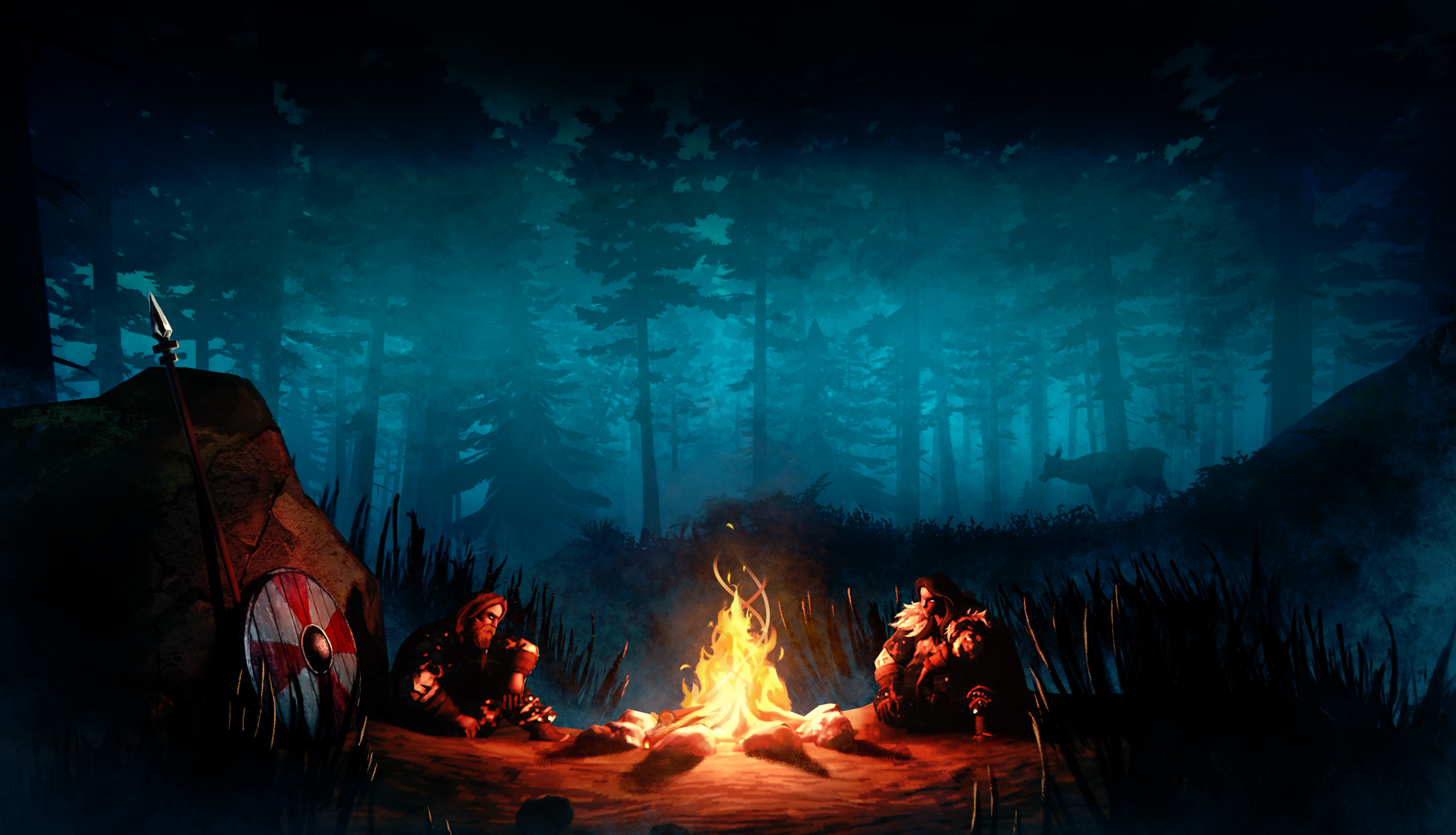 Valheim adventurers gathered around a campfire in the forest